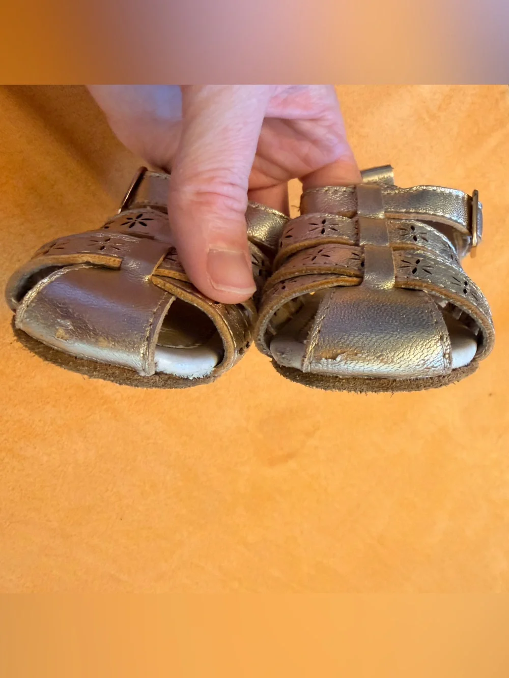 Robeez Metallic Goldish Silver Baby Sandals with Floral Cutouts